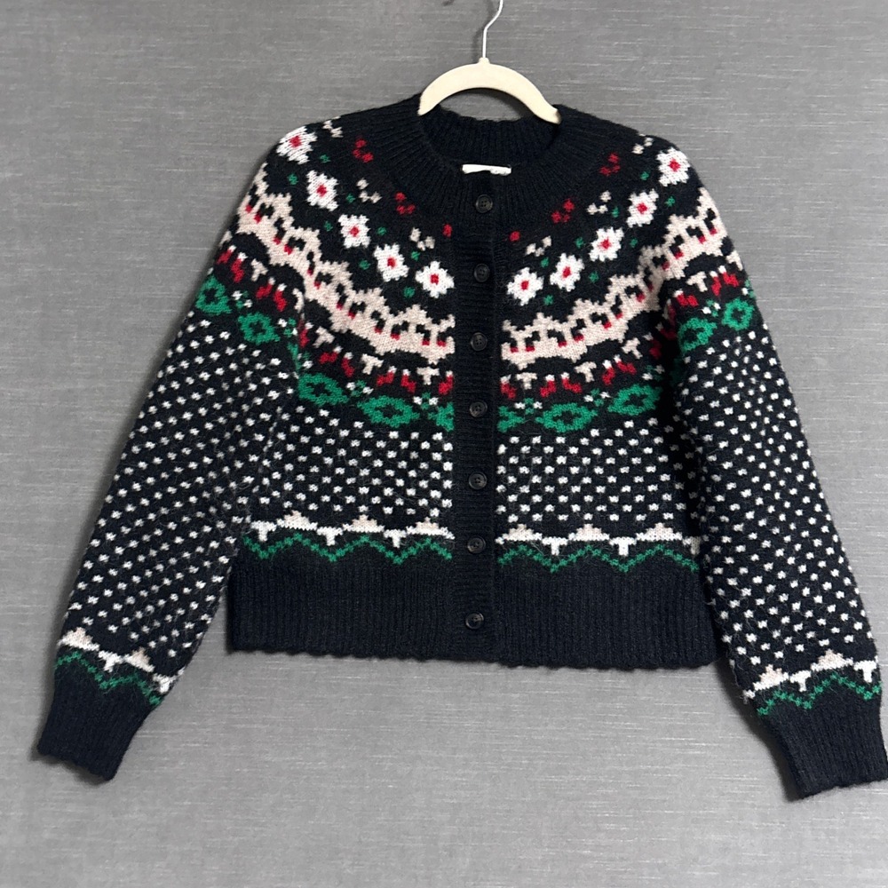 Universal Thread Cardigan Sweater S Black Fair Isle Wool Blend Holiday Christmas
